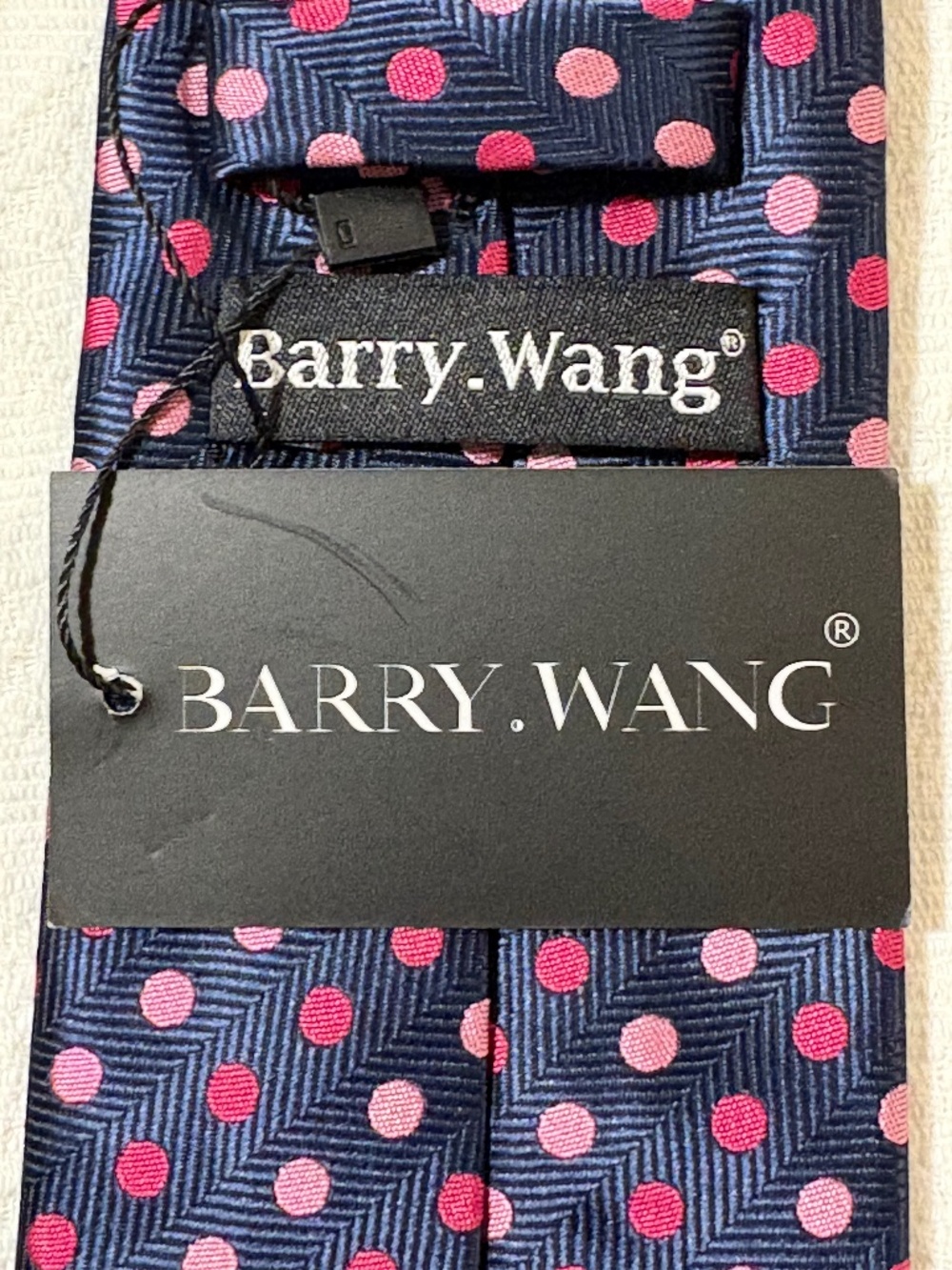 Barry.Wang Navy Blue Silk Tie Pink Polka Dot Herringbone Woven Men's Necktie